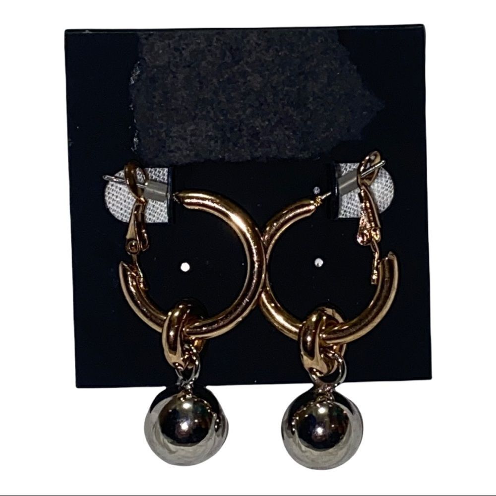 Noir Gold Tone Huggie Hoops with Silver Tone Ball Earrings New